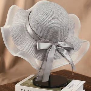 Elegant Mesh Panel Ribbon Bow Braided Wide Brim Hat, Women Hats, color:Gray|size:One-size, JustFashionNow