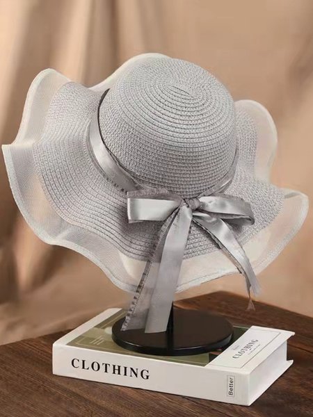 Elegant Mesh Panel Ribbon Bow Braided Wide Brim Hat, Hats, color:Gray|size:One-size, Stylewe