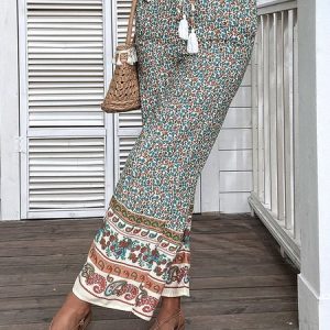 Floral Drawstring Boho Pants, Pants, color:Green|size:XXL, JustFashionNow