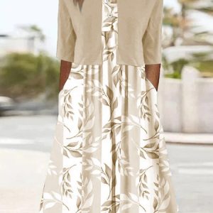 Plus Size Loose Crew Neck Casual Leaf Two-Piece Set, SET, color:Khaki|size:4X, catalog Noracora shop