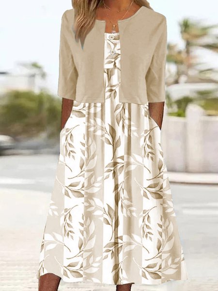 Plus Size Loose Crew Neck Casual Leaf Two-Piece Set, JustFashionNow 2-Piece Dresses, color:Khaki|size:4X,