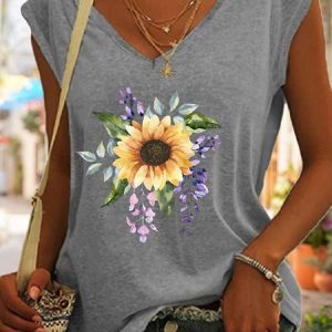Women's Sunflower Casual V Neck Tank Top, color:Gray|size:3XL, Lilicloth.com