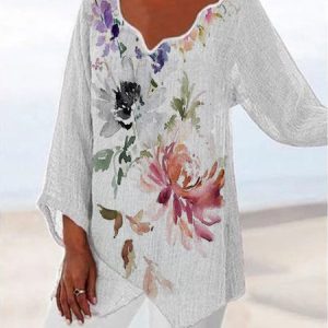 Casual Floral V Neck Short Sleeve Loose Tops, Tops, color:White|size:XXL, Noracora