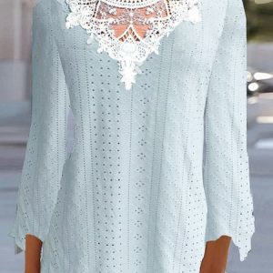 Crew Neck Three Quarter Sleeve Plain Lace Regular Loose Shirt For Women, Blouses, color:Light Blue|size:XXL, Noracora
