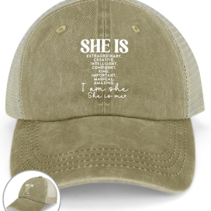 Women's She Is Extraordinary Creative intelligent Confident Kind Important Magical Amazing I Am She She Is Me Washed Mesh-back Baseball Cap, color:Khaki|size:One-size, Lilicloth.com