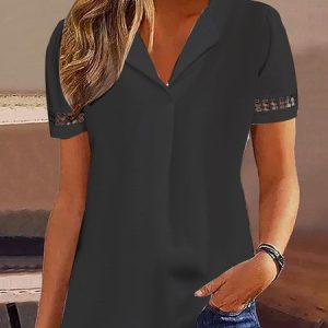 Lace Shirt Collar Simple Plain Shirt, Shirts & Blouses, color:Black|size:XXL, JustFashionNow