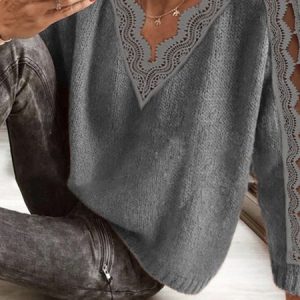 Women Yarn/Wool Yarn Plain Long Sleeve Comfy Casual Lace Sweater, Sweaters, color:Gray|size:XXL, Noracora