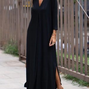 V Neck Plain Casual Dress, Dresses, color:Black|size:XXL, JustFashionNow