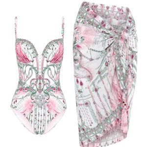 Vacation Ethnic Printing Notched  One Piece With Cover Up, swimwear>>One-Pieces, color:Pink|size:XXL, JustFashionNow