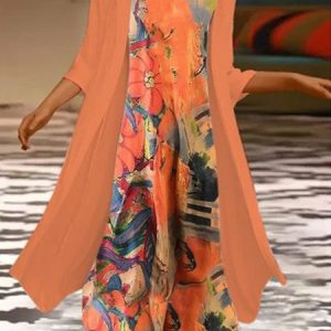 3/4 Sleeves Art Printing Crew Neck Casual Two Piece Dress With Coat, Suit Set, color:Multicolor|size:XXL, JustFashionNow