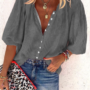 Linen Crew Neck Striped Loose Blouse, Shirts & Blouses, color:Gray|size:XXL, JustFashionNow