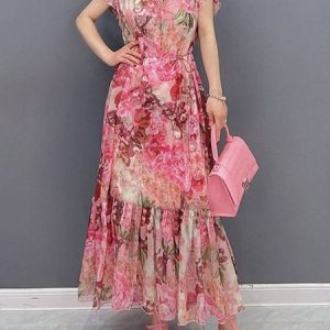 Floral Elegant Lotus Leaf Collar Regular Fit Dress With Belt, Maxi Dresses, color:flower|size:XXL, Stylewe