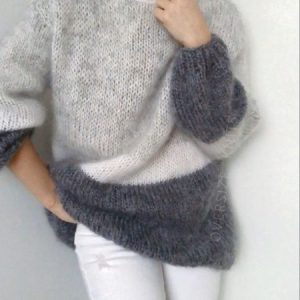 Knitted Crew Neck Striped Long Sleeve Sweater, Sweaters, color:Gray|size:XXL, JustFashionNow