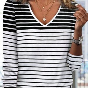 Casual Striped Printed V-neck T-Shirt, T-shirts, color:Black-white|size:XXL, Noracora