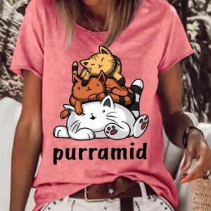 Women's Funny Purramid Cute Cat Graphic Printing Casual Crew Neck Cotton-Blend T-Shirt, T-shirts, Lilicloth.com