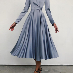 Elegant Regular Fit Shawl Collar Plain Evening Dress, Midi Dresses, color:Blue|size:XXL, Stylewe