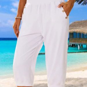 Women's Elastic Waist Casual Buttoned Pants Beach Shorts, color:White|size:XXL, Lilicloth.com