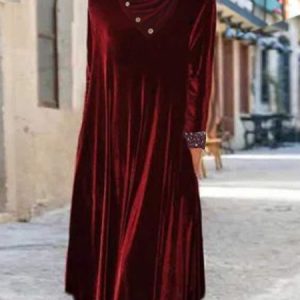 Velvet Buttoned Casual Cross Neck Dress, Dresses, color:Red|size:XXL, JustFashionNow
