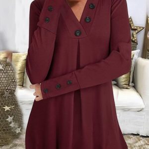 JFN V Neck Solid Buttoned Casual Tunic Top, T-Shirts, color:Red|size:3XL, JustFashionNow