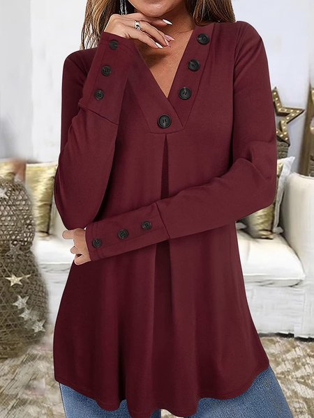 JFN V Neck Solid Buttoned Casual Tunic Top, T-Shirts, color:Red|size:3XL, JustFashionNow