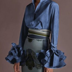 Plain Elegant Regular Fit Shirt Collar Blouse, Blouses and Shirts, color:Blue|size:XXL, Stylewe