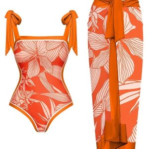 Vacation Plants Printing Strapless One Piece With Cover Up, Coverups, color:Orange|size:XXL, Stylewe