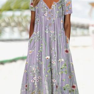 Women Gradient Flower Loose Holiday Buttoned V Neck Pockets Dress, Midi Dresses, Roselinlin - Online Catalog