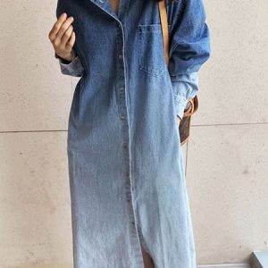 Long sleeve Casual Denim Ombre Loose Denim Dress, Maxi Dresses, color:Blue|size:XXL, Stylewe
