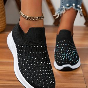 Rhinestone High Elasticity Shock Absorbing Fly Knit Sneakers, Sneakers, color:Black|size:42, JustFashionNow