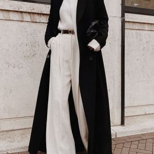 Elegant Loosen Flat Collar Plain Outerwear, Coats, color:Black|size:XXL, Stylewe