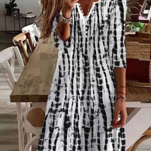 Casual Geometric Regular Fit Long sleeve Dress, Midi, color:Black-white|size:XXL, Noracora