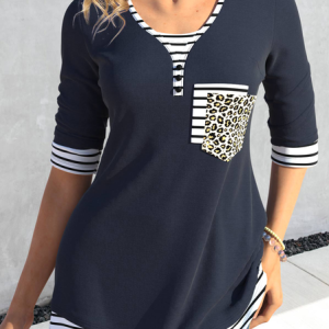 Striped V Neck Regular Fit Casual T-Shirt, T-Shirts, color:Dark Blue|size:XXL, JustFashionNow