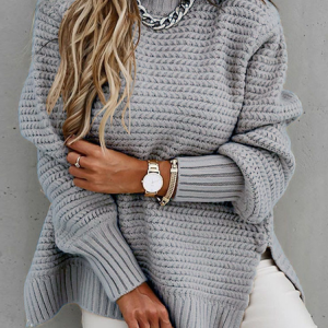 Acrylic High Neck Plain Loose Tunic Sweater Knit Jumper, Sweaters, color:Gray|size:XXL, Noracora