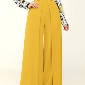 High Waist Plain Fashion Wide leg Pants, Pants, color:Yellow|size:XXL, Stylewe