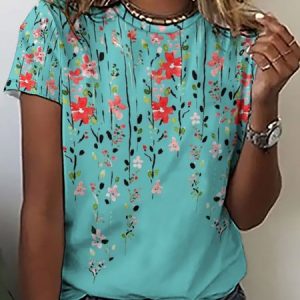 Women's Floral Crew Neck Casual T-Shirt, color:Cyan|size:3XL, Lilicloth.com