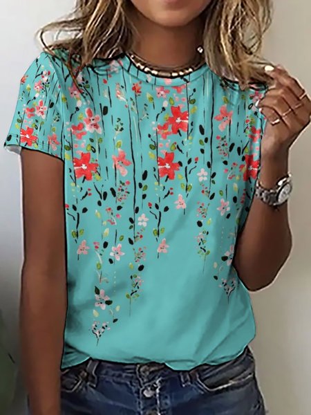 Women's Floral Crew Neck Casual T-Shirt, color:Cyan|size:3XL, Lilicloth.com
