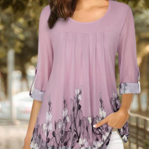 Womens 3/4 Roll Sleeve Loose Floral Blouses Pleated Stretch Shirts Flowy Tops, T-Shirts, color:Pink|size:XXL, JustFashionNow