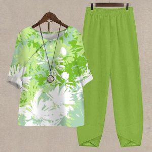 Leaf Casual V Neck Two-Piece Set, Suit Set, color:Green|size:XXL, JustFashionNow