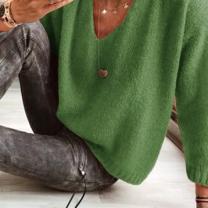 Casual V Neck Plain Sweater, Sweaters, color:Green|size:XXL, JustFashionNow