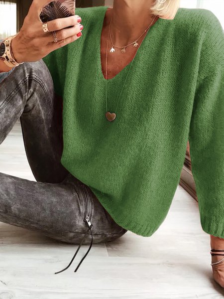 Casual V Neck Plain Sweater, Sweaters, color:Green|size:XXL, JustFashionNow