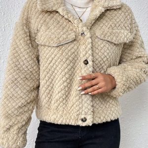 Shawl Collar Long Sleeve Plain Fleece Micro-Elasticity Loose Teddy Jacket For Women, Coats, color:Khaki|size:XXL, Noracora