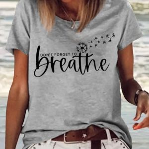 Women's Just Breath Letters Casual T-Shirt, color:Gray|size:3XL, Lilicloth.com