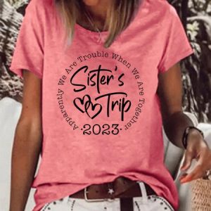Women's Sister Trip 2023 Casual Crew Neck T-Shirt, color:Red|size:3XL, Lilicloth.com