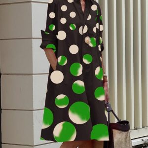 Stylewe Polka Dots Midi Dress Urban Shirt Collar Dress, Midi Dresses, color:Green|size:XXL, Stylewe