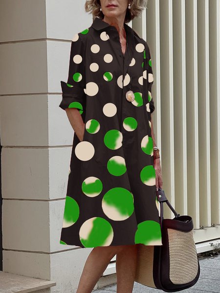 Stylewe Polka Dots Midi Dress Urban Shirt Collar Dress, Midi Dresses, color:Green|size:XXL, Stylewe