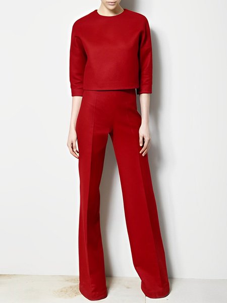 Plain Urban Two-Piece Top With Pants Set, SET, color:Red|size:XXL, Stylewe