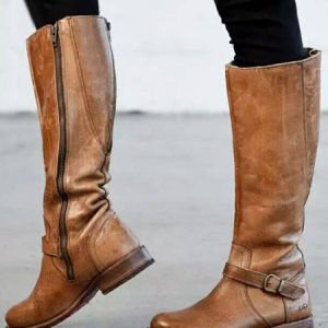 Vintage Round Toe Buckle Tall Boots Chunky Heel Riding Boots, Boots, color:Brown|size:43, JustFashionNow