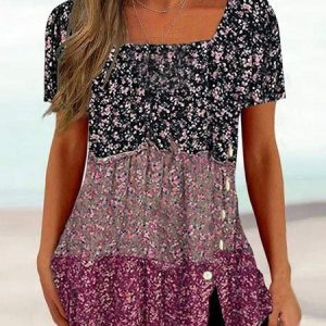 Ditsy Floral Knitted Casual Shirt, Shirts & Blouses, color:Pink|size:XXL, JustFashionNow