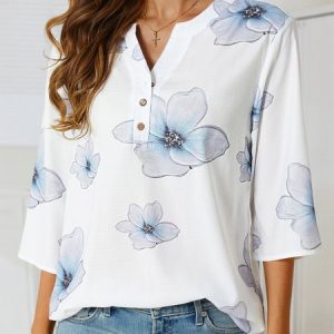 V Neck Half Sleeve Casual Floral Long Sleeve Top, Shirts & Blouses, color:Purple|size:3XL, JustFashionNow