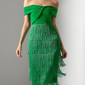 Regular Fit Party Tassel Party Dress, Midi Dresses, color:Green|size:XXL, Stylewe